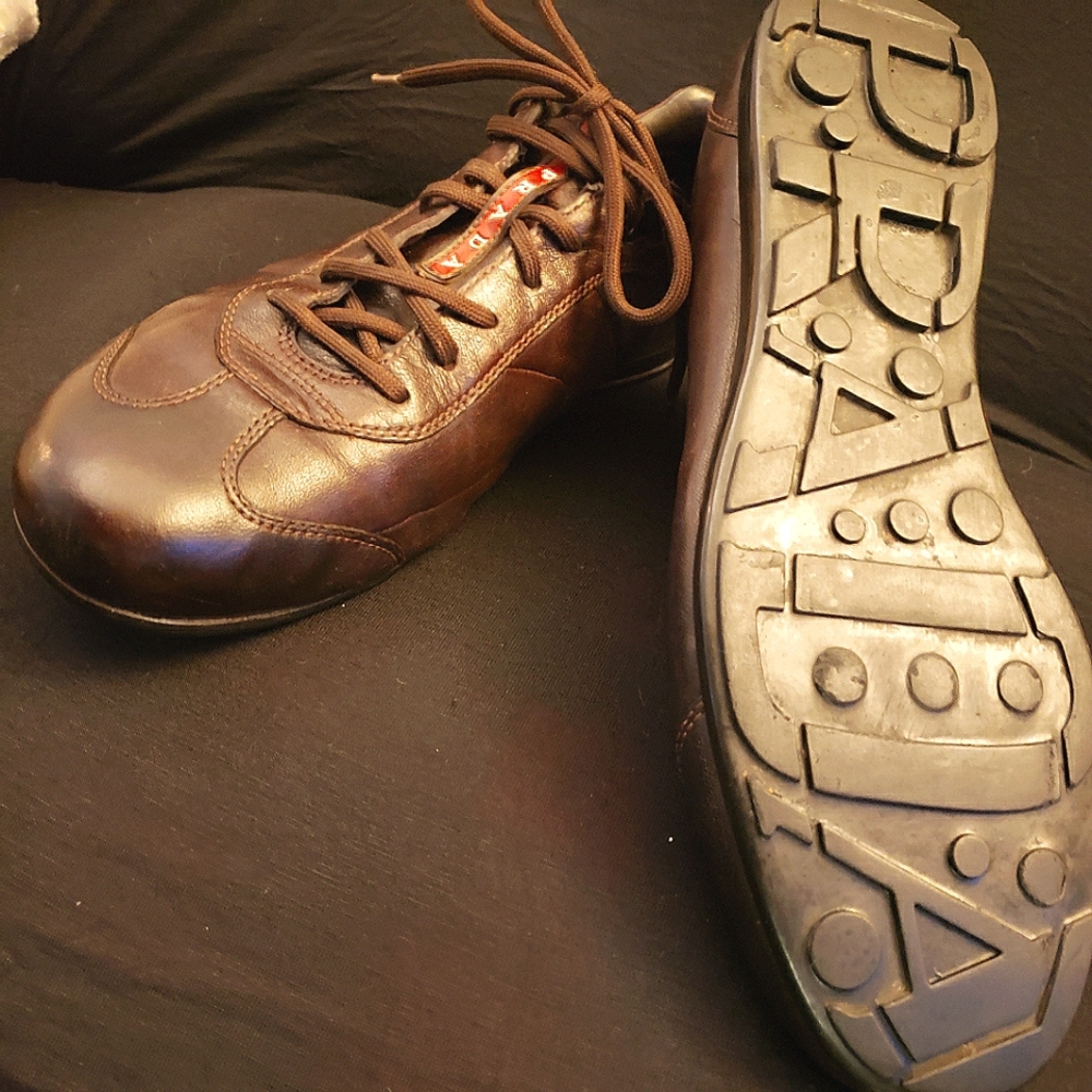 PRADA 4E1627 MEN'S BROWN LEATHER LACE-UP BIKE SNEAKER SHOES 9.5